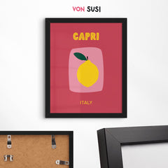 Capri Poster • Städteposter Capri Italien • Italy Kunstdruck • Poster mit Zitrone rose gelb - vonSUSI