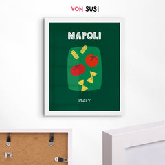Napoli Poster • Städteposter Neapel Italien • Italy Kunstdruck • Poster mit Pasta und Tomaten in grün - vonSUSI