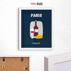 Paris Poster • Städteposter Frankreich • Paris Kunstdruck • Poster mit Wein und Käse - vonSUSI