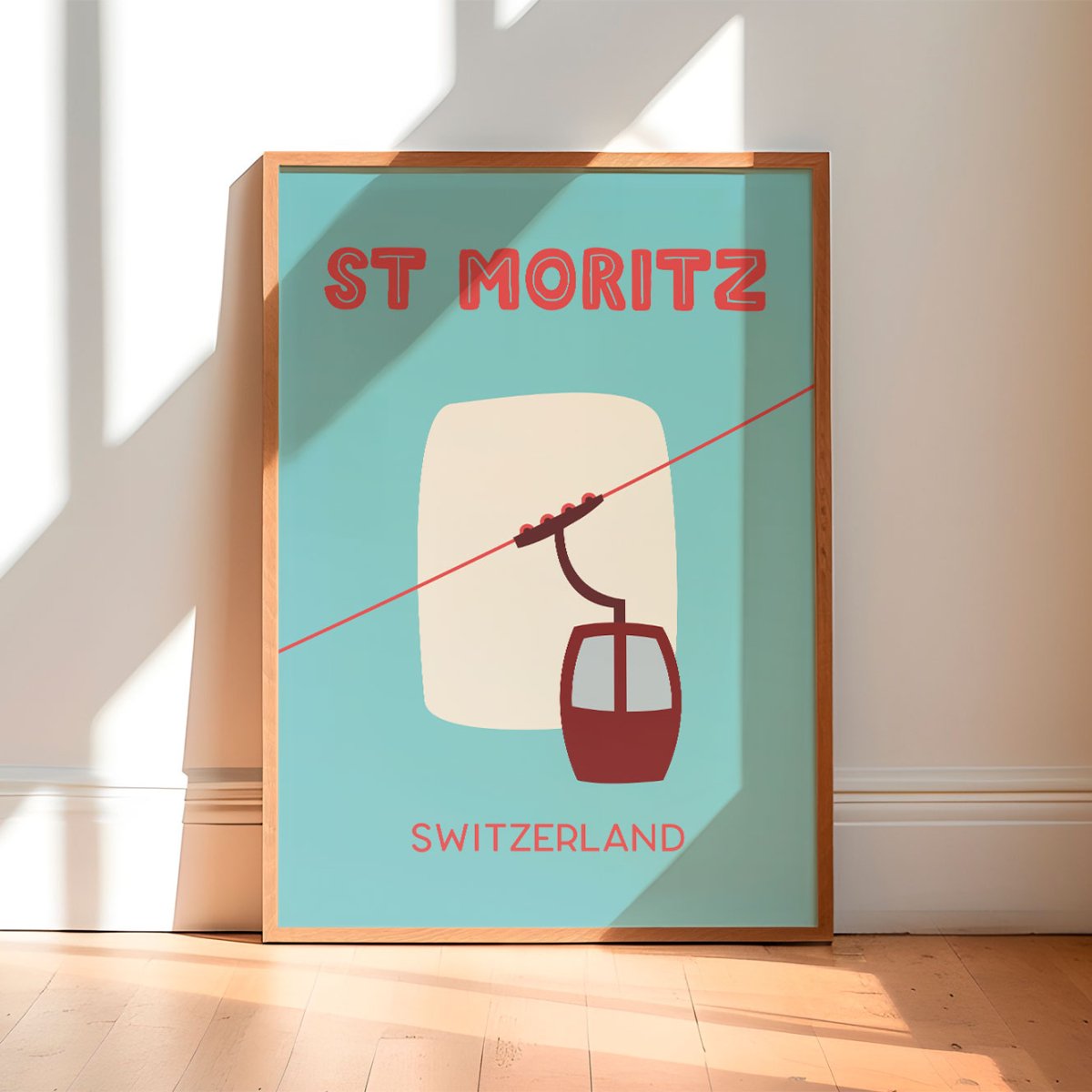 Sankt Moritz Poster • Städteposter Schweizer Berge • St Moritz Poster • Poster mit Ski Gondel Motiv in hellblau - vonSUSI